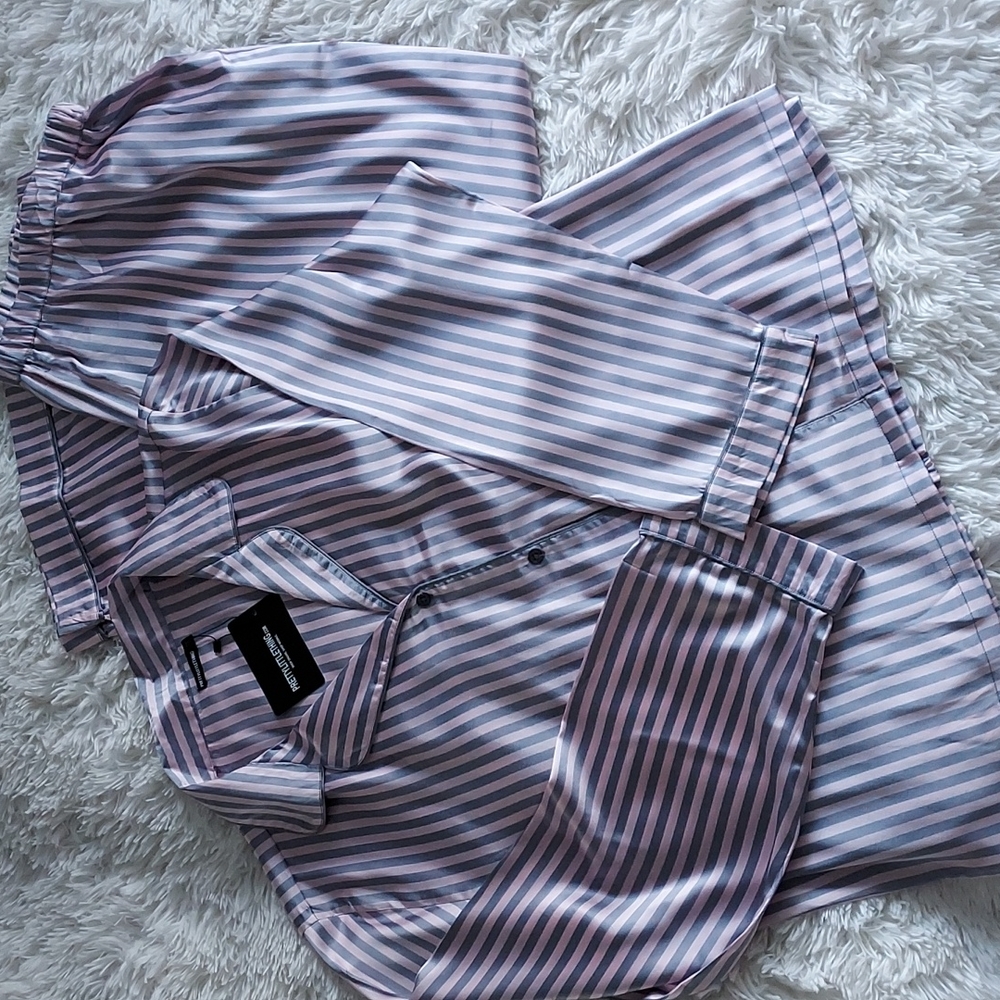 Plus Sz 20 Pajama Set Pink and Grey Stripe Long Pants/Sleeves Satiny Feel